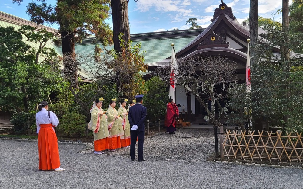 鶴岡八幡宮　新嘗祭　社務所前で巫女たちが並んでいる様子