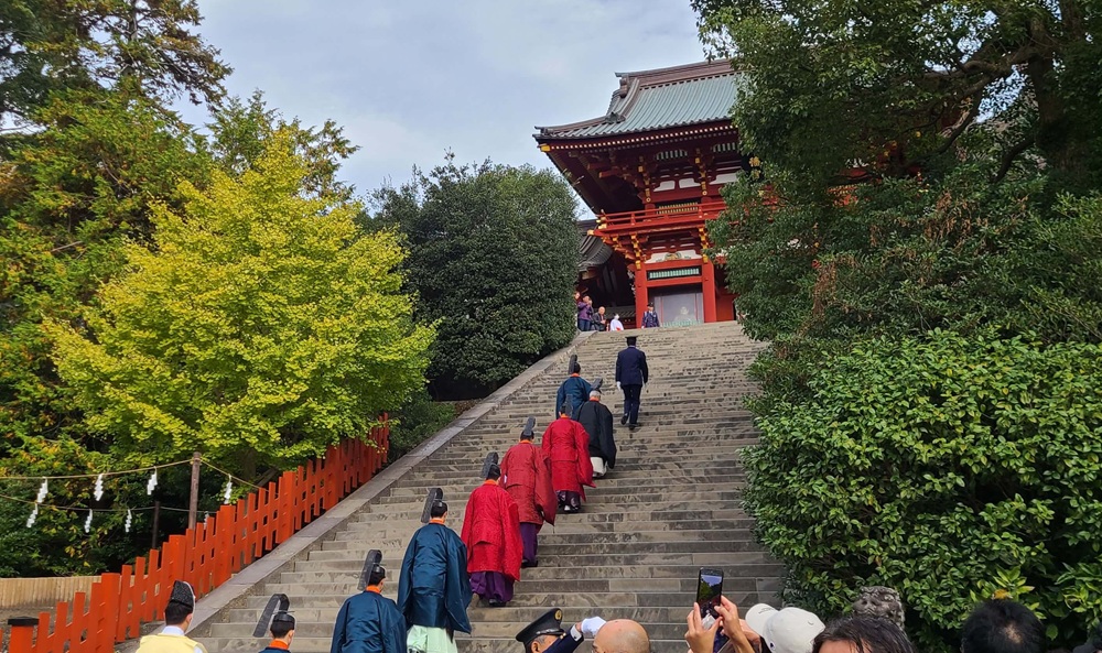 鶴岡八幡宮　新嘗祭　神職が本宮に向かう60段の階段を登っている様子