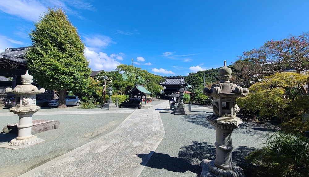 本堂から見た境内と門 2025年撮影