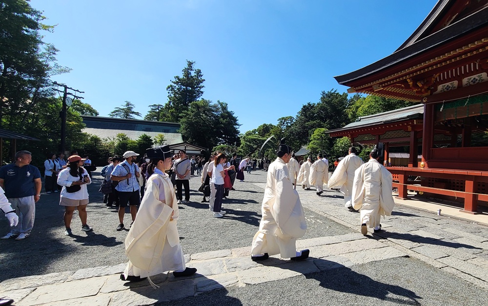 鶴岡八幡宮 社務所へ戻る神職たち 10時52分撮影
